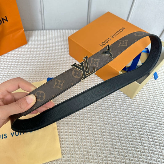 Pretty LV 30mm Reversible Belt Black Gold Buckle Black Brown Leather - 30