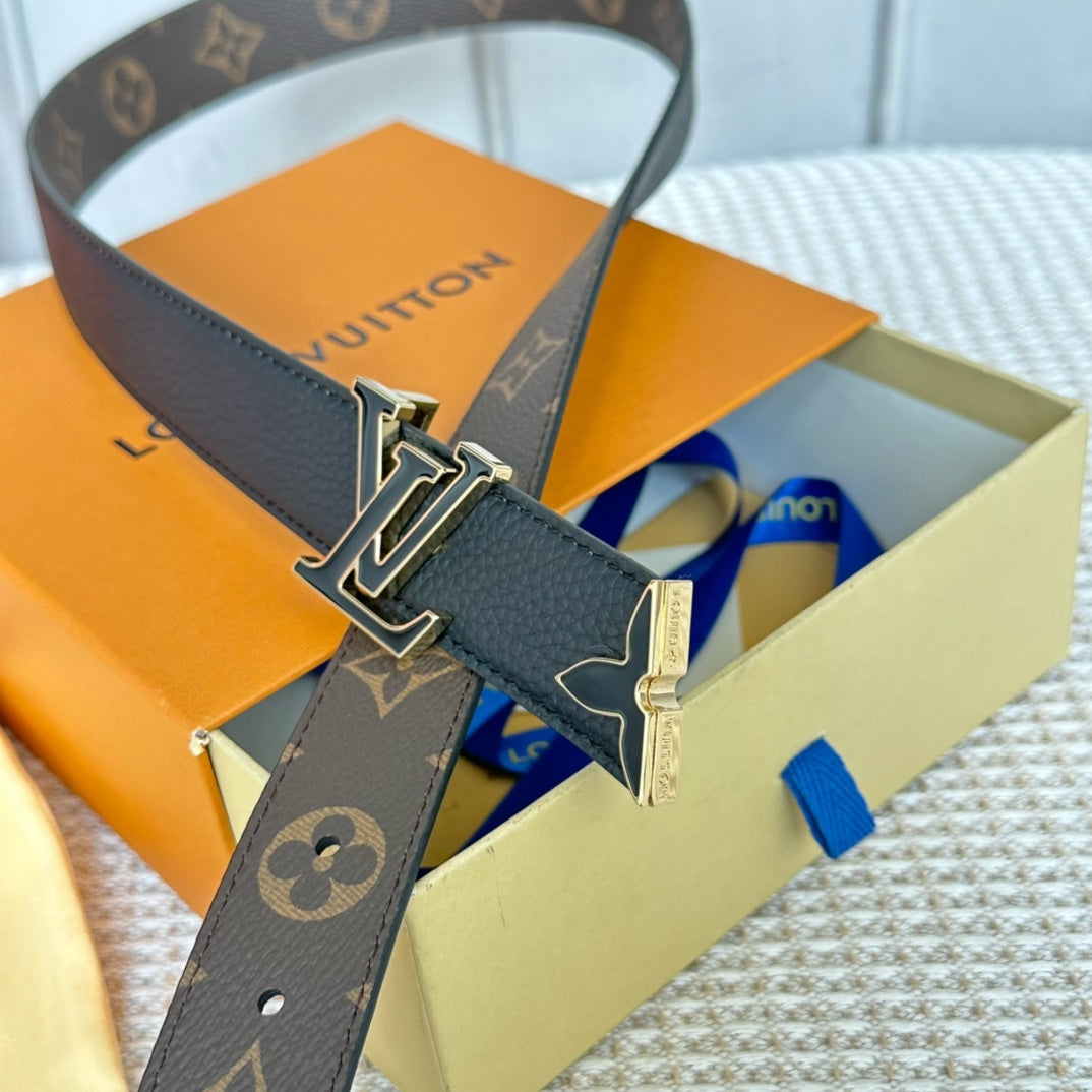 Pretty LV 30mm Reversible Belt Black Gold Buckle Black Brown Leather - 30