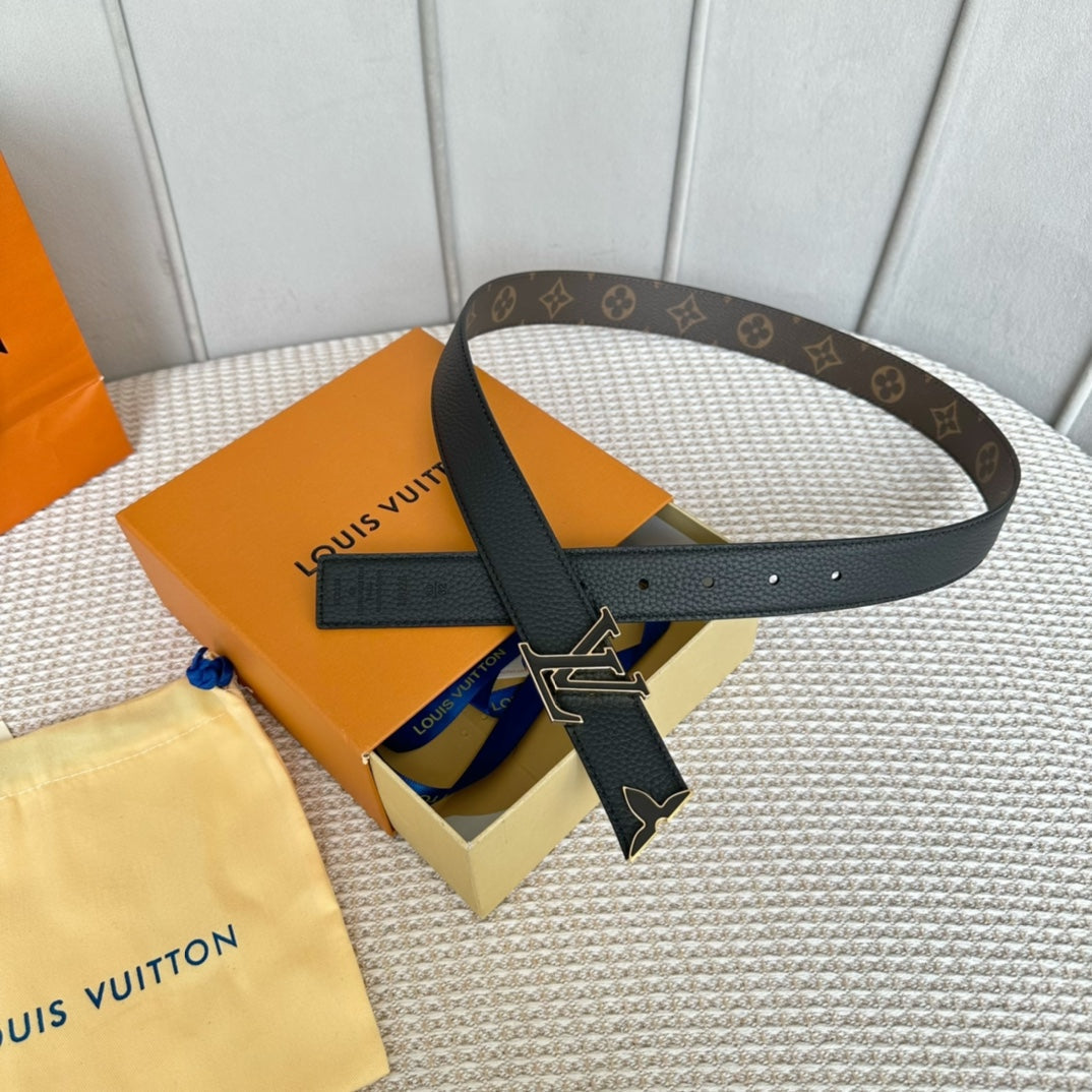 Pretty LV 30mm Reversible Belt Black Gold Buckle Black Brown Leather - 30