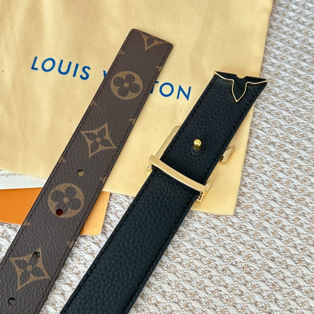 Pretty LV 30mm Reversible Belt Black Gold Buckle Black Brown Leather - 30