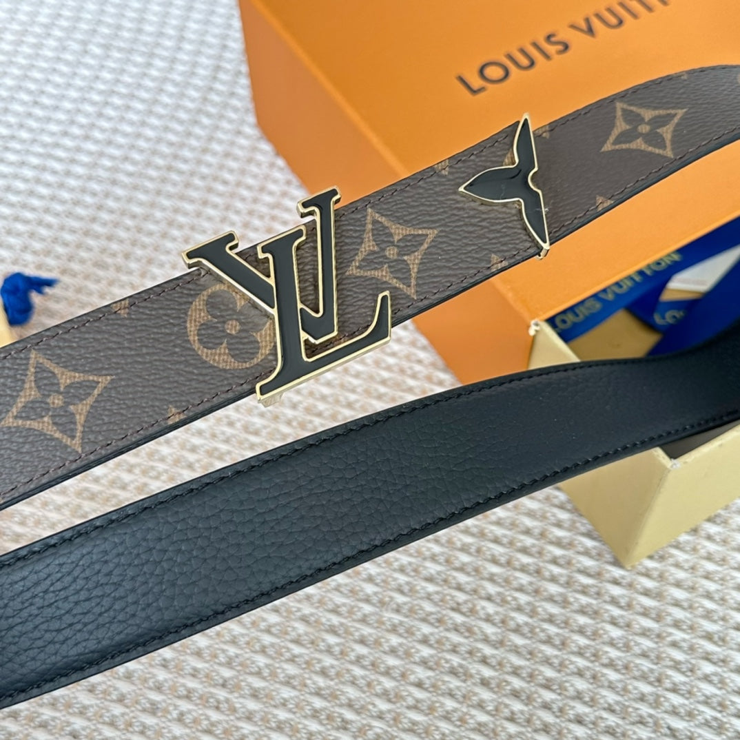 Pretty LV 30mm Reversible Belt Black Gold Buckle Black Brown Leather - 30