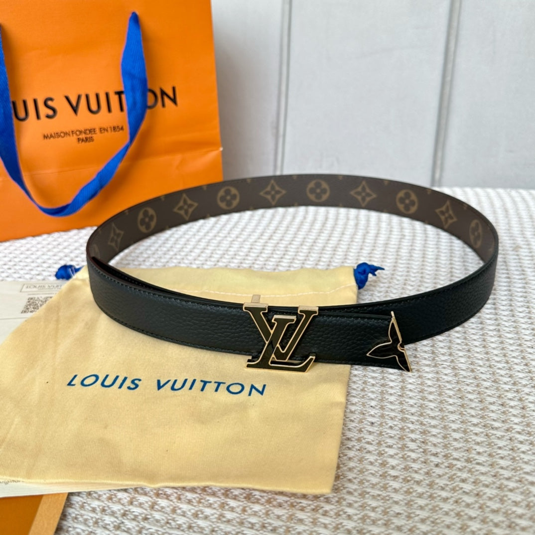 Pretty LV 30mm Reversible Belt Black Gold Buckle Black Brown Leather - 30