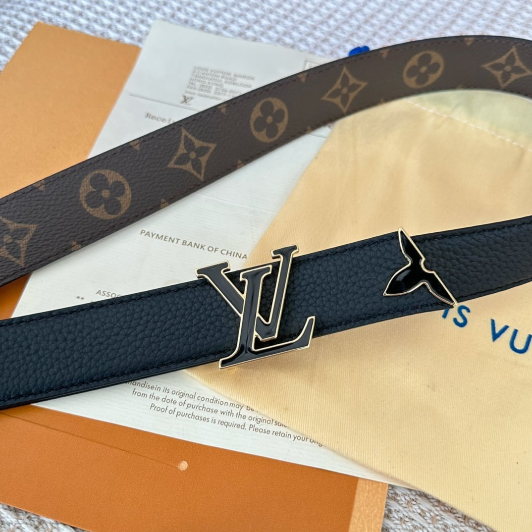 Pretty LV 30mm Reversible Belt Black Gold Buckle Black Brown Leather - 30