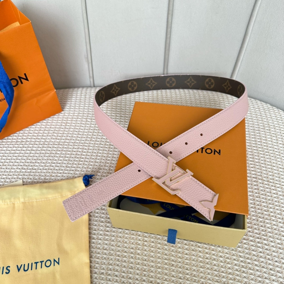 Pretty LV 30mm Reversible Belt Pink Gold Buckle Pink Brown Leather - 30