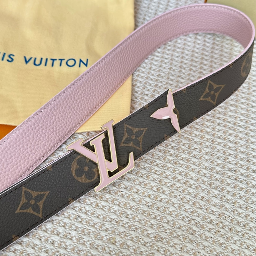 Pretty LV 30mm Reversible Belt Pink Gold Buckle Pink Brown Leather - 30