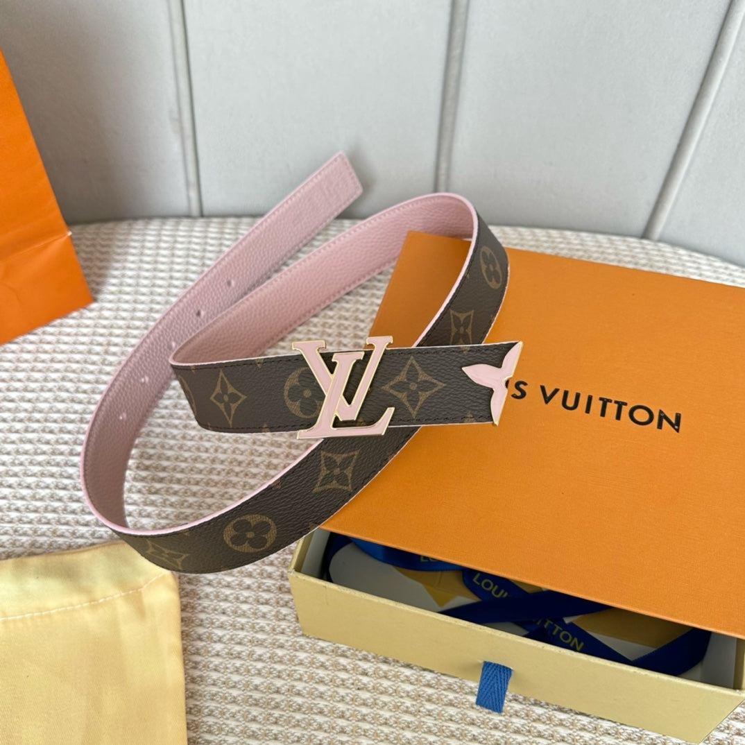 Pretty LV 30mm Reversible Belt Pink Gold Buckle Pink Brown Leather - 30