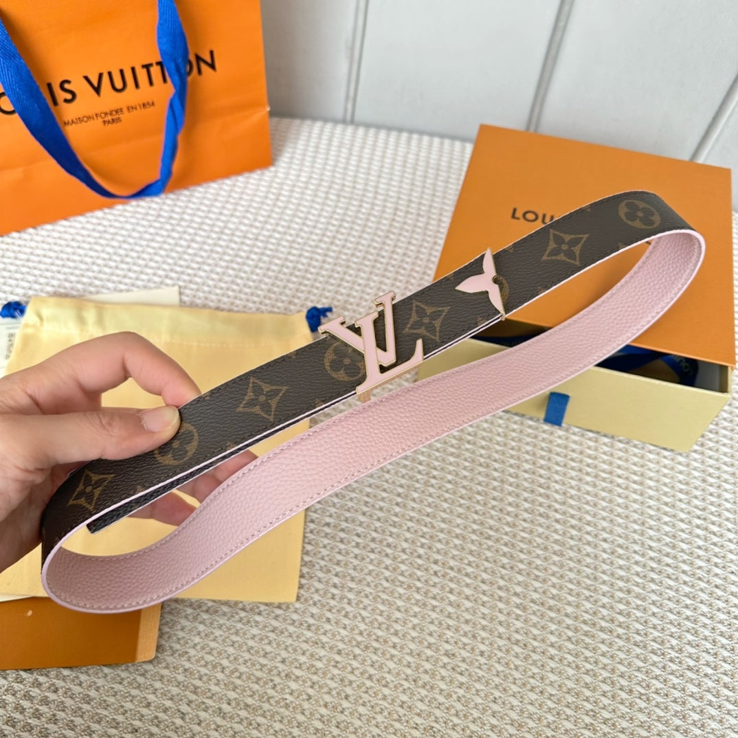 Pretty LV 30mm Reversible Belt Pink Gold Buckle Pink Brown Leather - 30