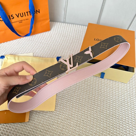 Pretty LV 30mm Reversible Belt Pink Gold Buckle Pink Brown Leather - 30