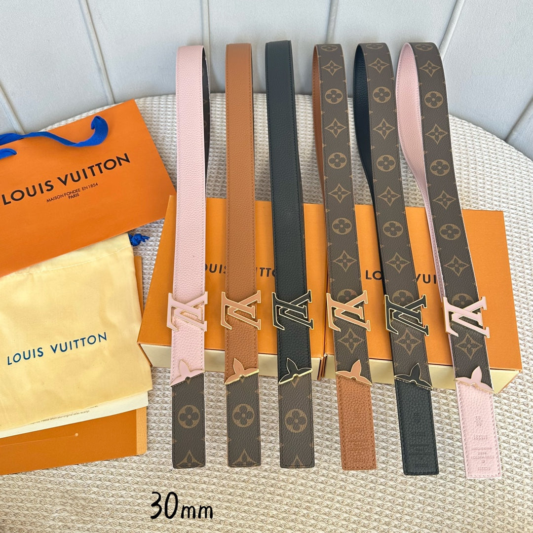 Pretty LV 30mm Reversible Belt Pink Gold Buckle Pink Brown Leather - 30