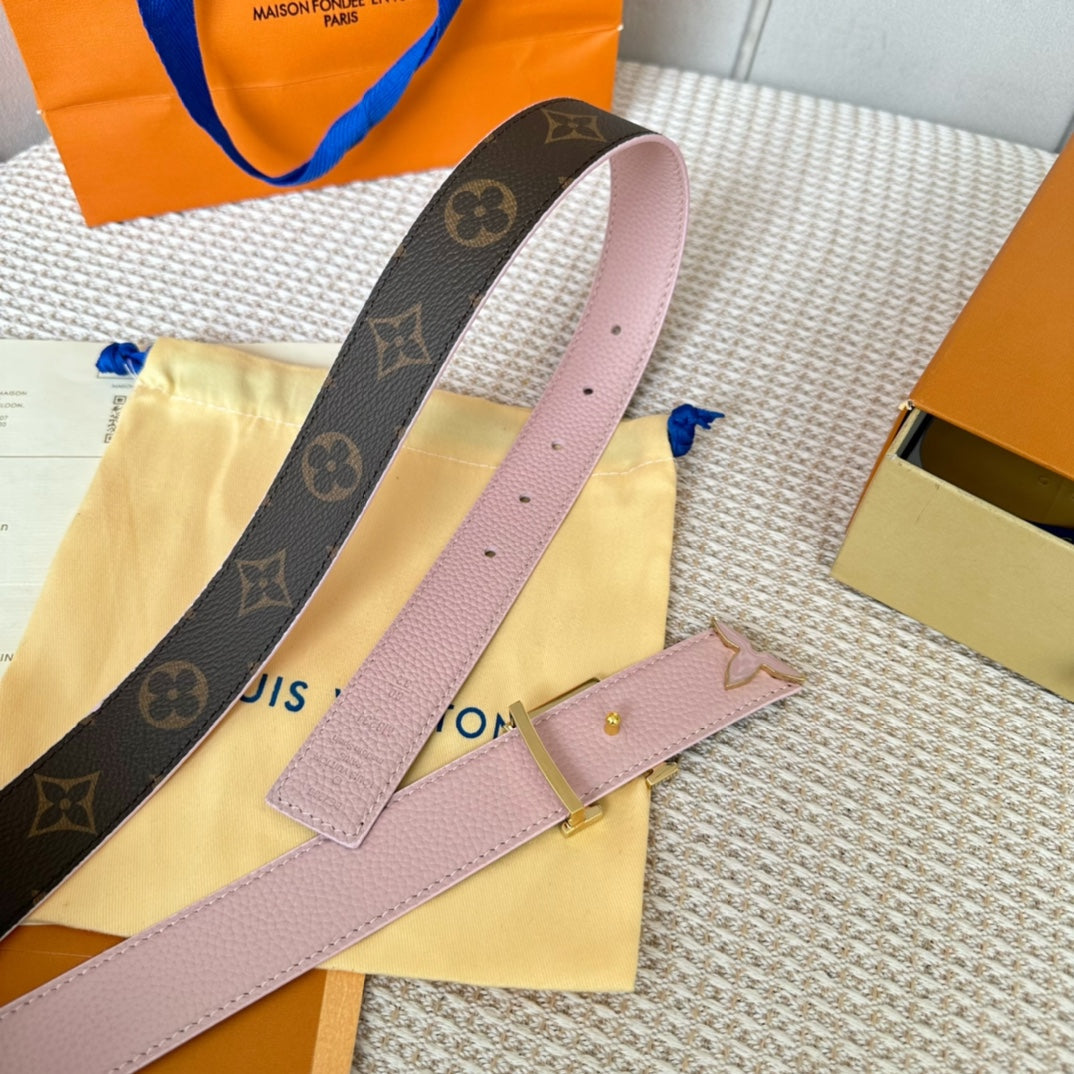 Pretty LV 30mm Reversible Belt Pink Gold Buckle Pink Brown Leather - 30