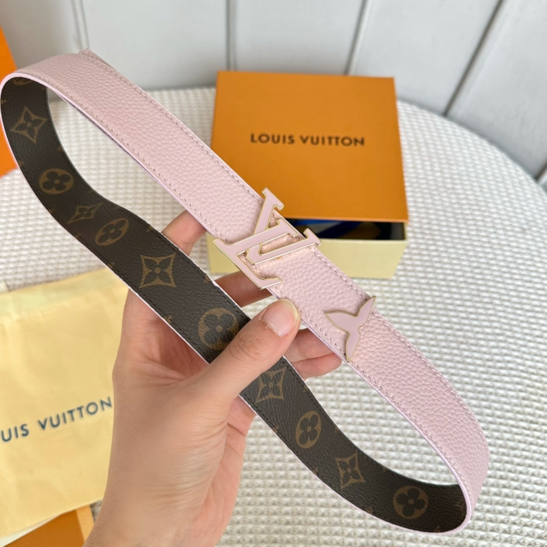 Pretty LV 30mm Reversible Belt Pink Gold Buckle Pink Brown Leather - 30