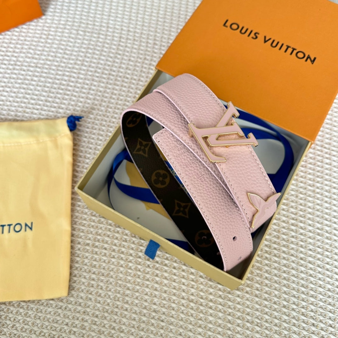 Pretty LV 30mm Reversible Belt Pink Gold Buckle Pink Brown Leather - 30