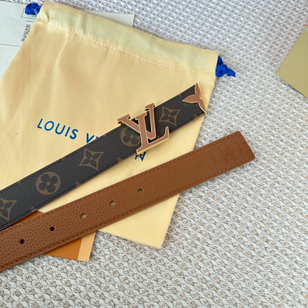 Pretty LV 30mm Reversible Belt Tan Gold Buckle Tan Brown Leather - 30