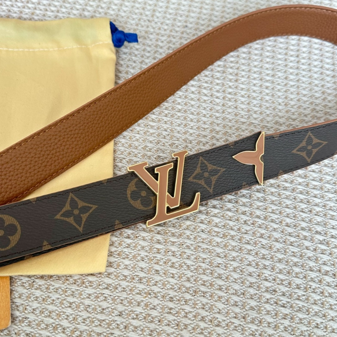 Pretty LV 30mm Reversible Belt Tan Gold Buckle Tan Brown Leather - 30