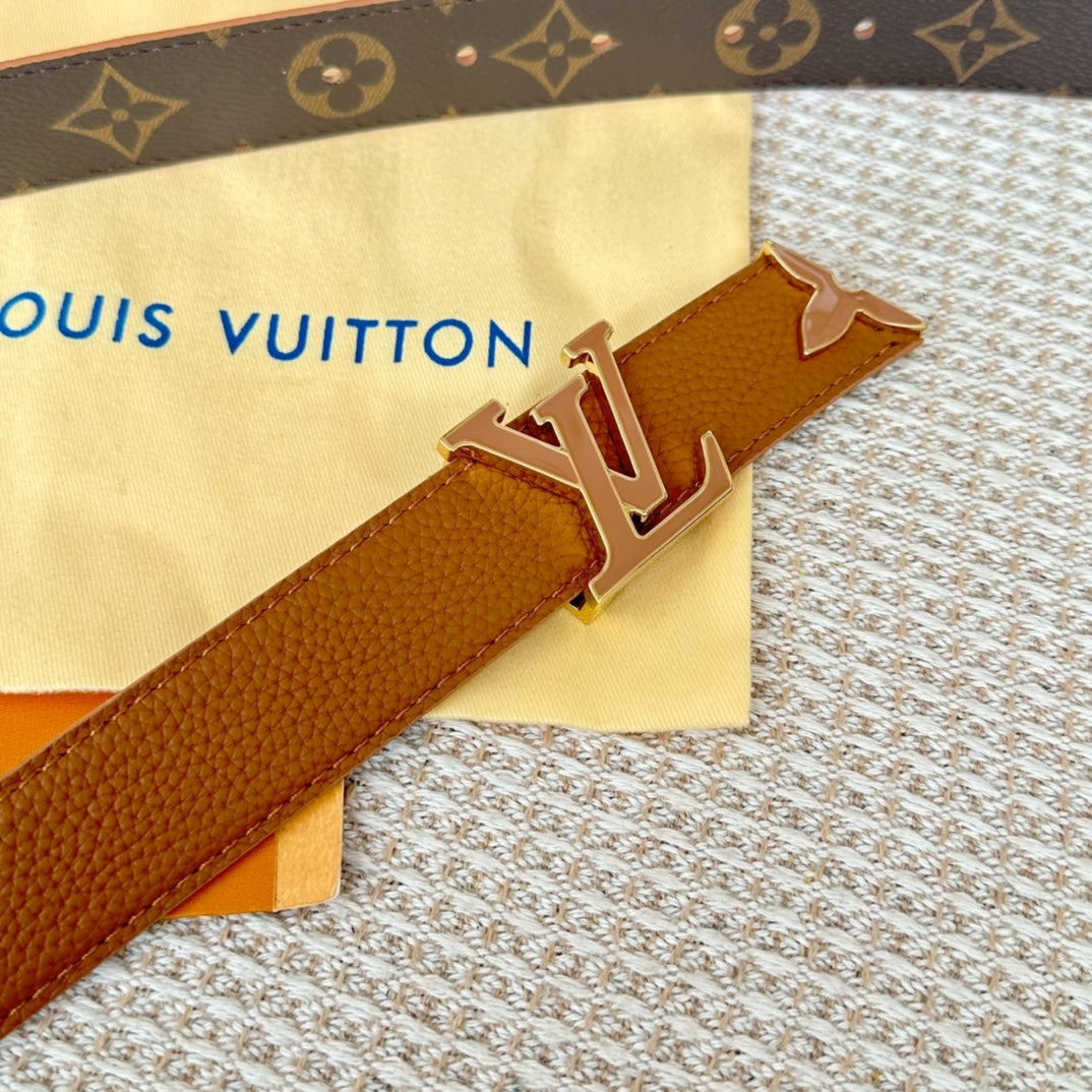 Pretty LV 30mm Reversible Belt Tan Gold Buckle Tan Brown Leather - 30
