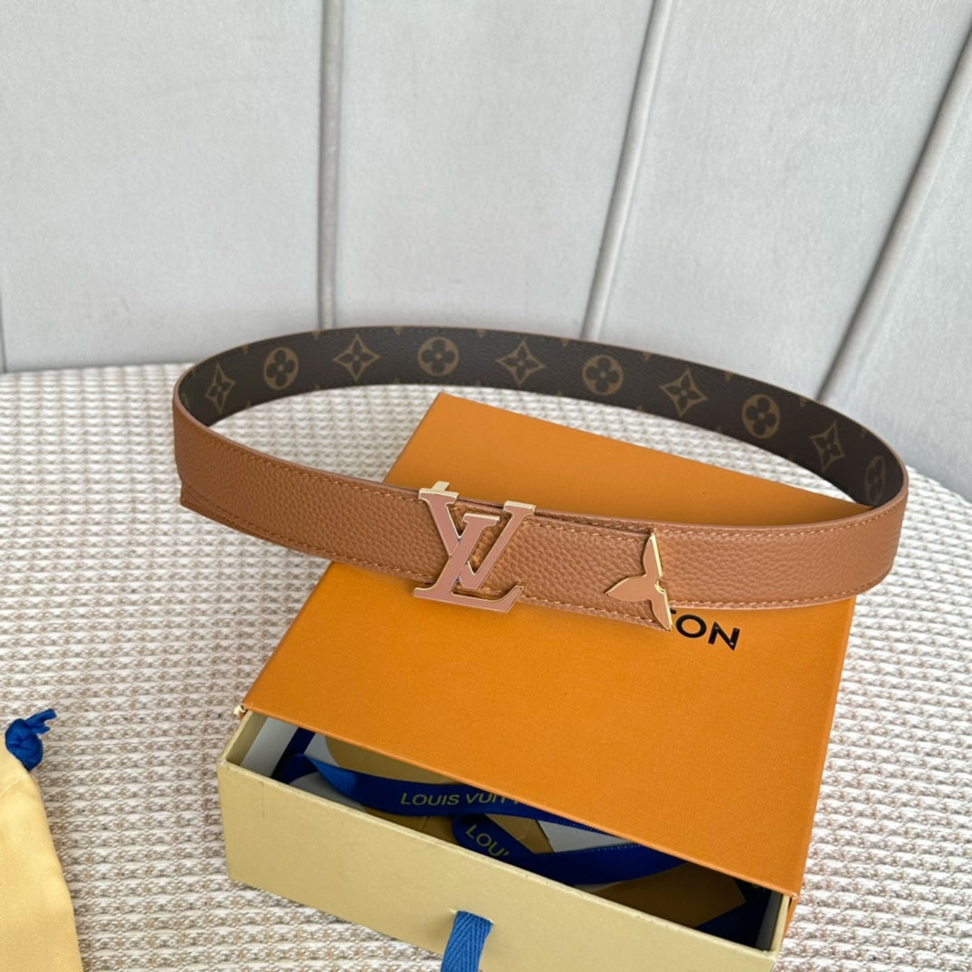 Pretty LV 30mm Reversible Belt Tan Gold Buckle Tan Brown Leather - 30