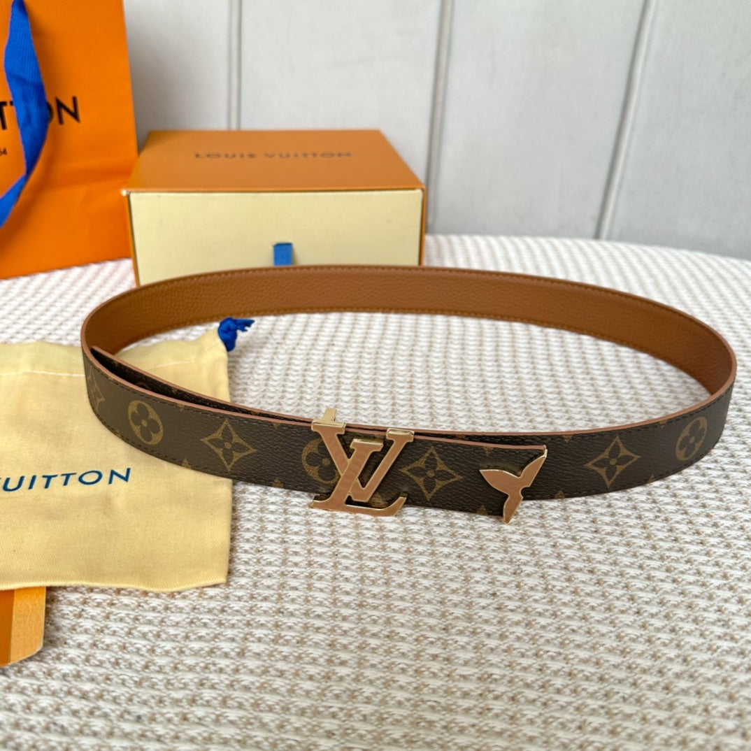 Pretty LV 30mm Reversible Belt Tan Gold Buckle Tan Brown Leather - 30