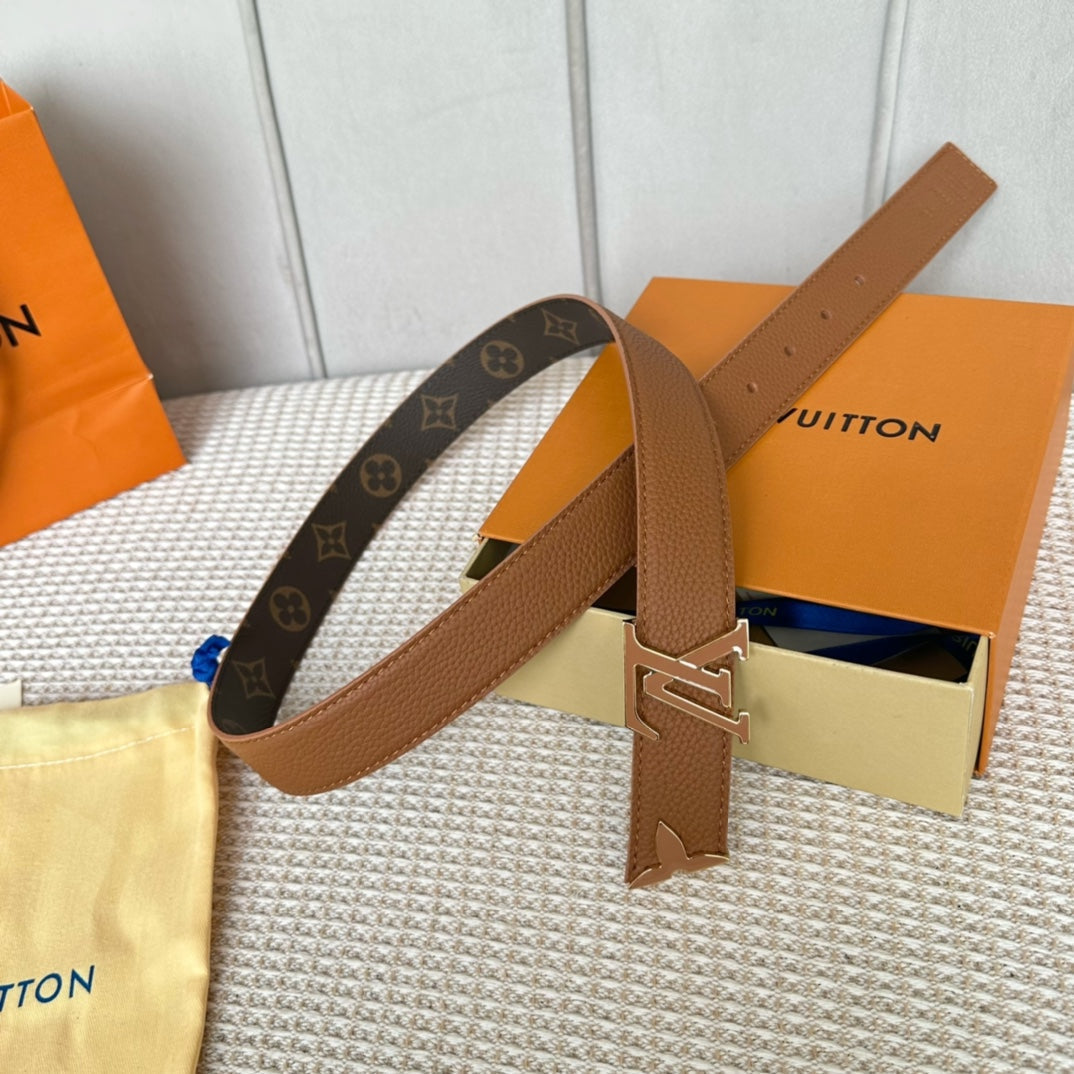 Pretty LV 30mm Reversible Belt Tan Gold Buckle Tan Brown Leather - 30