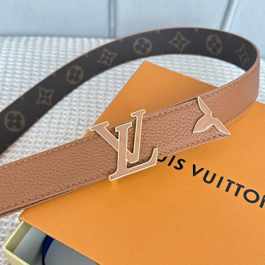 Pretty LV 30mm Reversible Belt Tan Gold Buckle Tan Brown Leather - 30