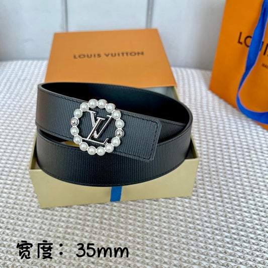 LV CIRCLE PEARL 35MM REVERSIBLE BELT IN BLACK CALFSKIN SILVER HARDWARE - 30