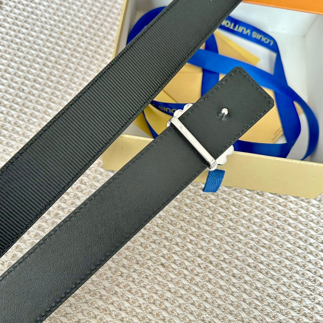LV CIRCLE PEARL 35MM REVERSIBLE BELT IN BLACK CALFSKIN SILVER HARDWARE - 30