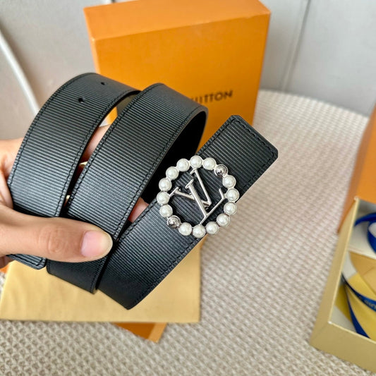 ДВОСТОРОННІЙ РЕМІНЬ LV CIRCLE PEARL 35 ММ З ЧОРНОЇ ТЕЛЯЧОЇ ШКІРИ З ФУРНІТУРОЮ СРІБНОГО КОЛЬОРУ - 30