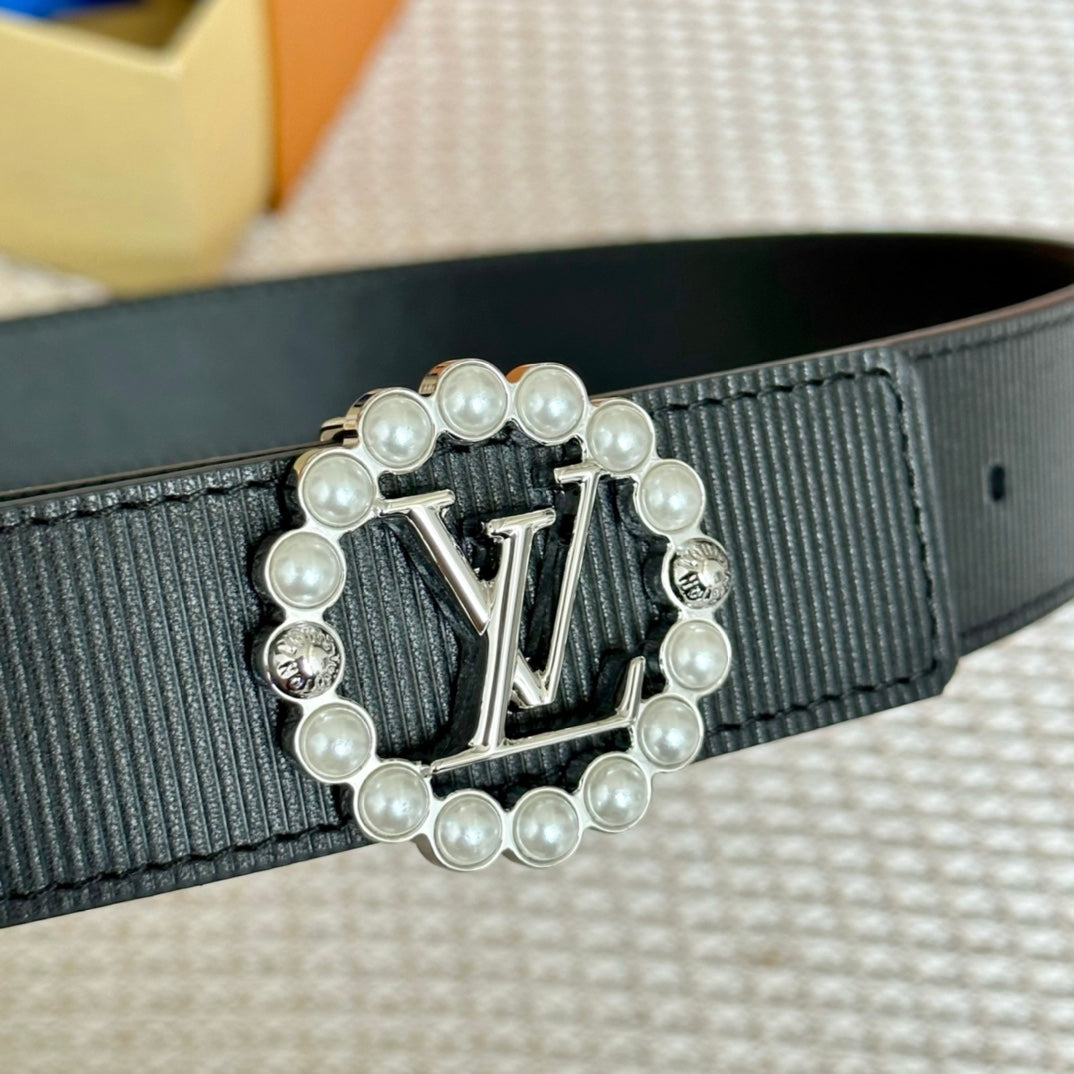 LV CIRCLE PEARL 35MM REVERSIBLE BELT IN BLACK CALFSKIN SILVER HARDWARE - 30