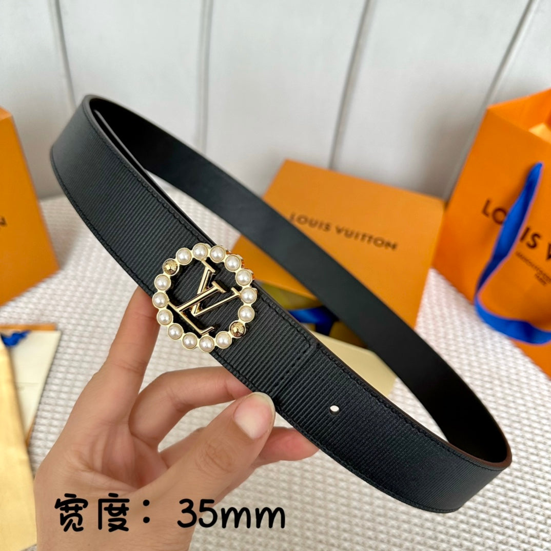 LV CIRCLE PEARL 35MM REVERSIBLE BELT IN BLACK CALFSKIN GOLD HARDWARE - 30