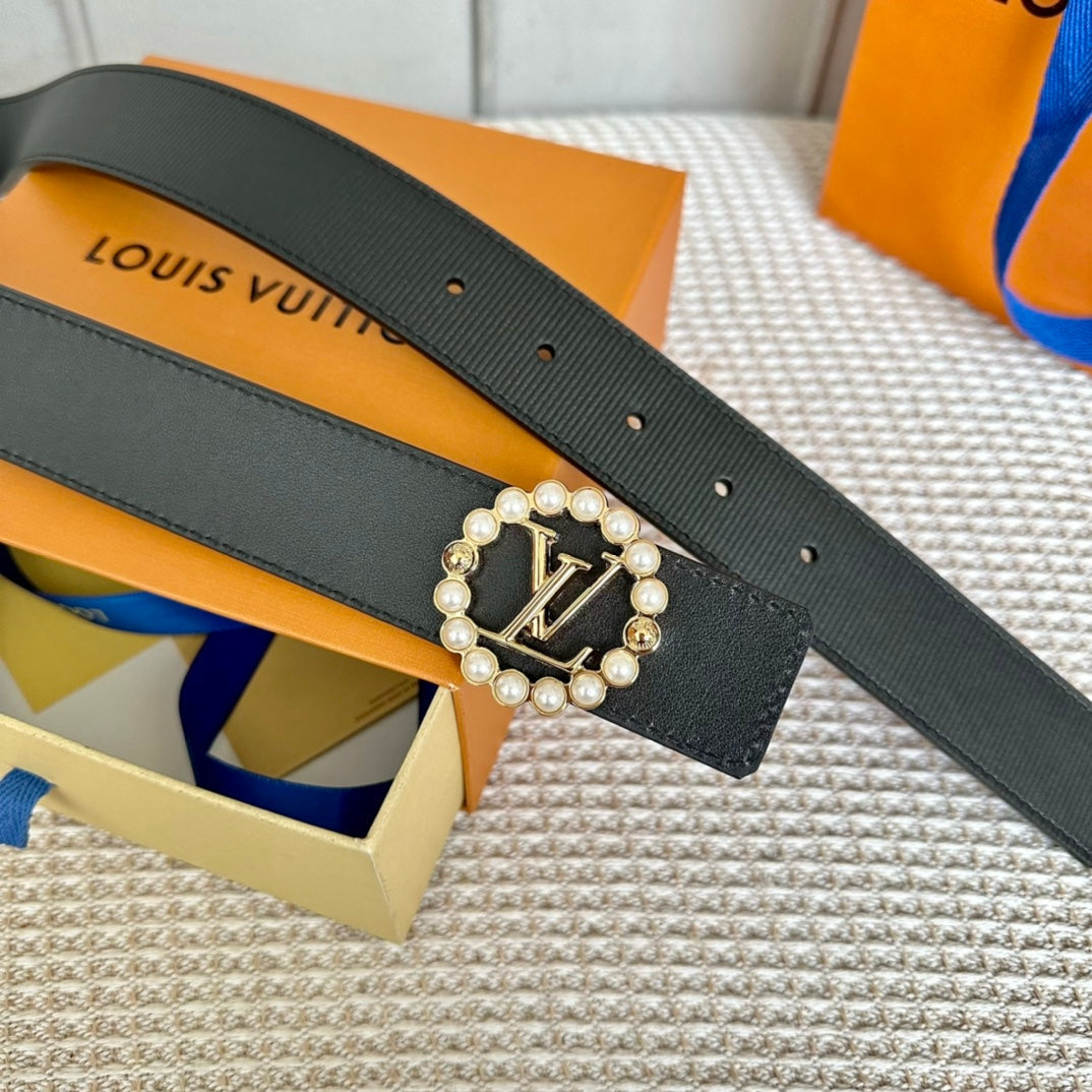 LV CIRCLE PEARL 35MM REVERSIBLE BELT IN BLACK CALFSKIN GOLD HARDWARE - 30