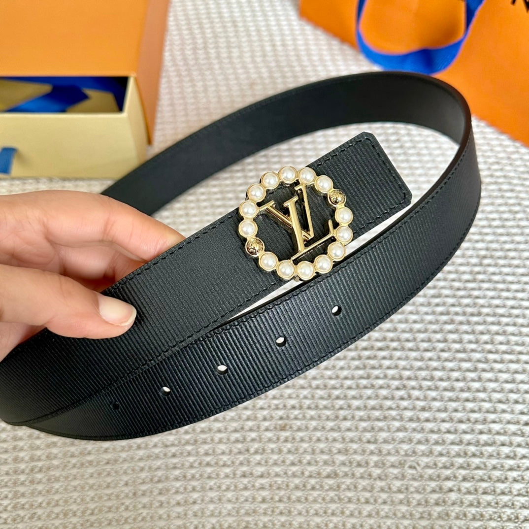 LV CIRCLE PEARL 35MM REVERSIBLE BELT IN BLACK CALFSKIN GOLD HARDWARE - 30
