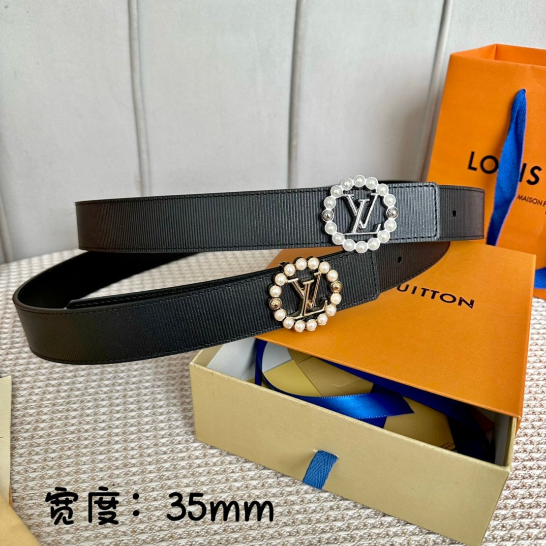 LV CIRCLE PEARL 35MM REVERSIBLE BELT IN BLACK CALFSKIN GOLD HARDWARE - 30
