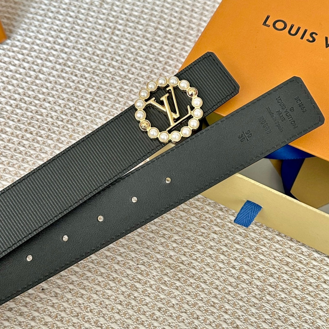 LV CIRCLE PEARL 35MM REVERSIBLE BELT IN BLACK CALFSKIN GOLD HARDWARE - 30