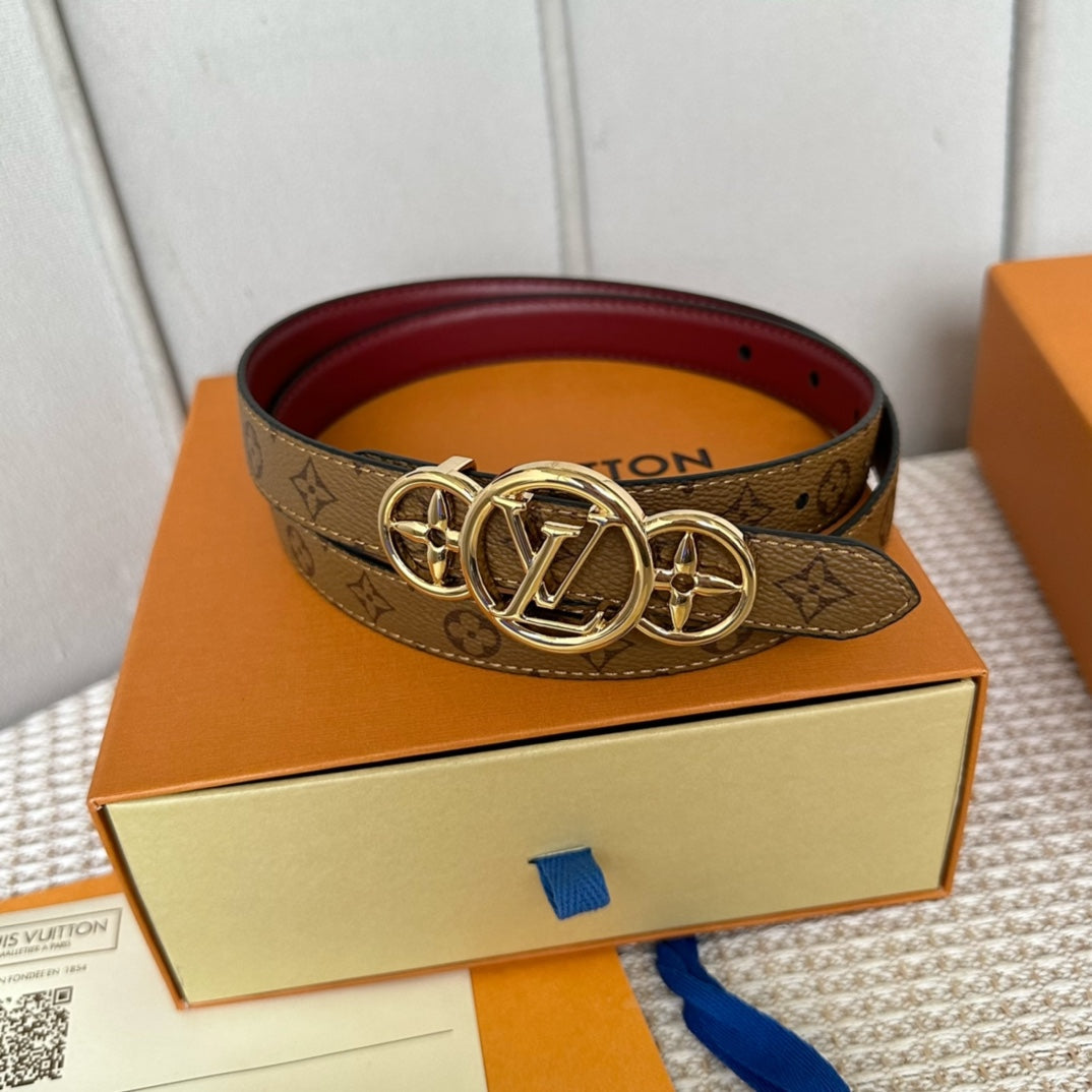 LV S-LOCK BELT 20 MM BROWN MONOGRAM AND AUBURN RED CALFSKIN GOLD HARDWARE - 30