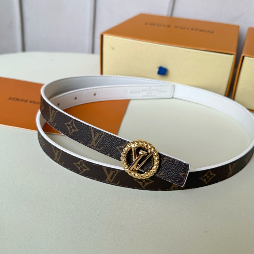 LV Circle Nautical 20mm Reversible Belt Gold Buckle White Brown Lambskin - 30
