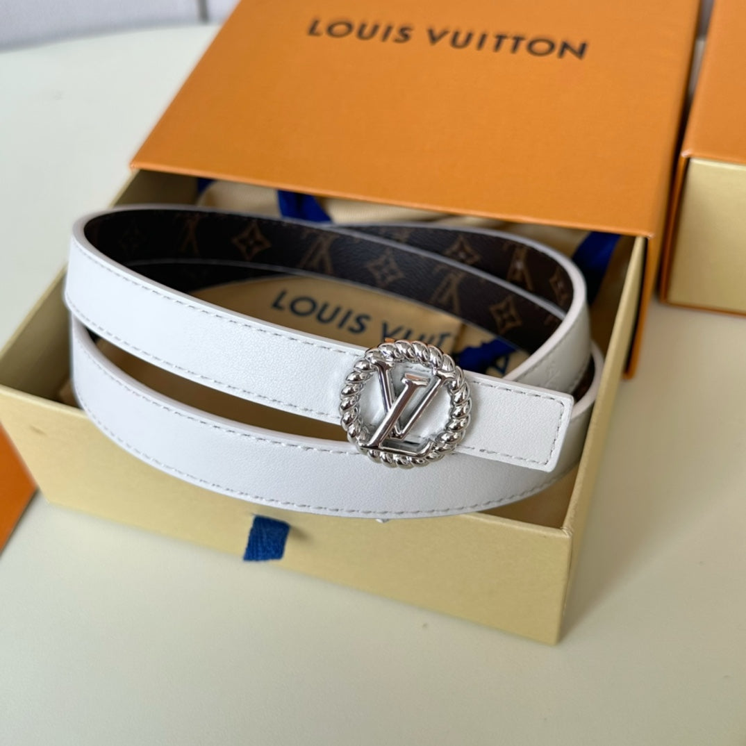 LV Circle Nautical 20mm Reversible Belt Silver Buckle White Brown Lambskin - 30