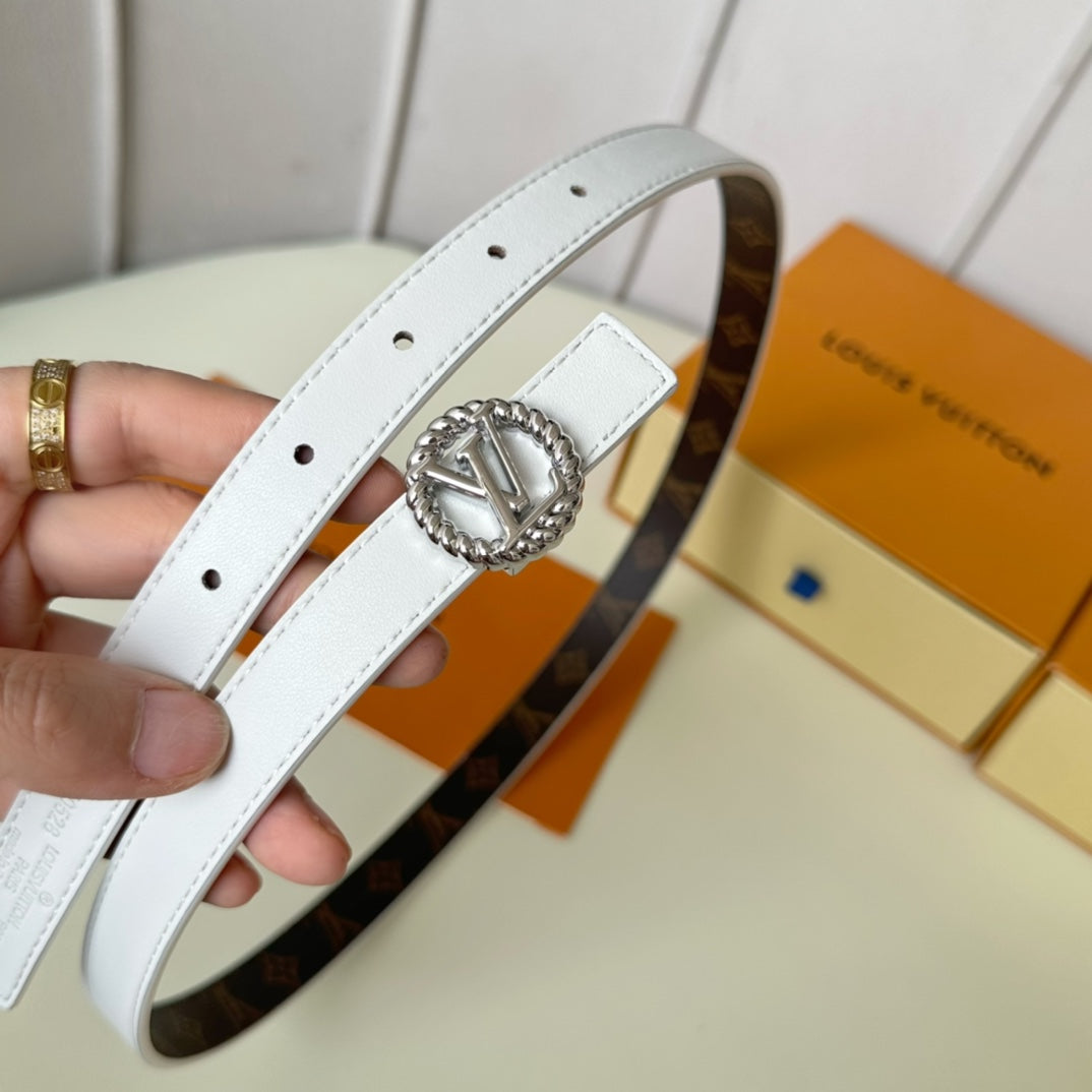 LV Circle Nautical 20mm Reversible Belt Silver Buckle White Brown Lambskin - 30