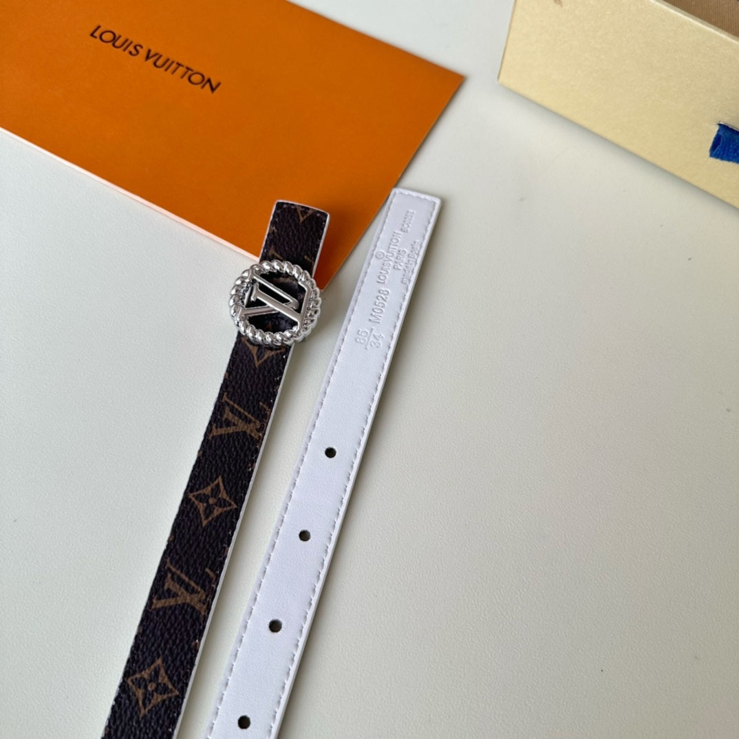 LV Circle Nautical 20mm Reversible Belt Silver Buckle White Brown Lambskin - 30