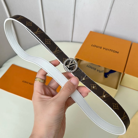 LV Circle Nautical 20mm Reversible Belt Silver Buckle White Brown Lambskin - 30