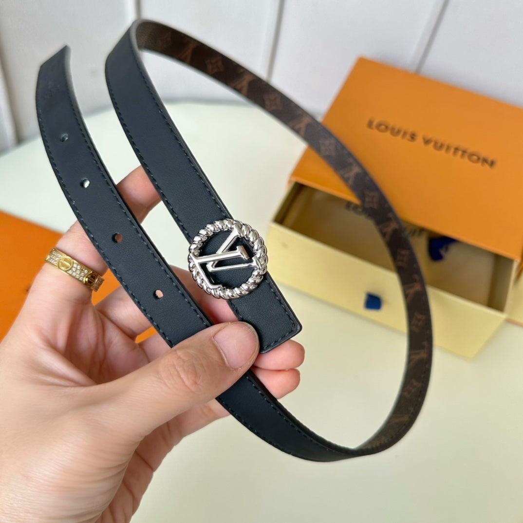 LV Circle Nautical 20mm Reversible Square End Tip Belt Silver Buckle Navy Blue Brown lambskin - 30