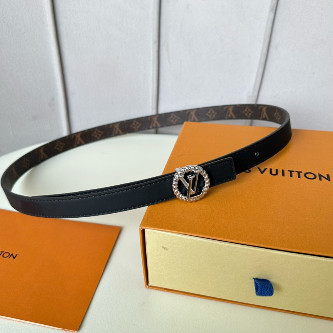 LV Circle Nautical 20mm Reversible Square End Tip Belt Silver Buckle Navy Blue Brown lambskin - 30