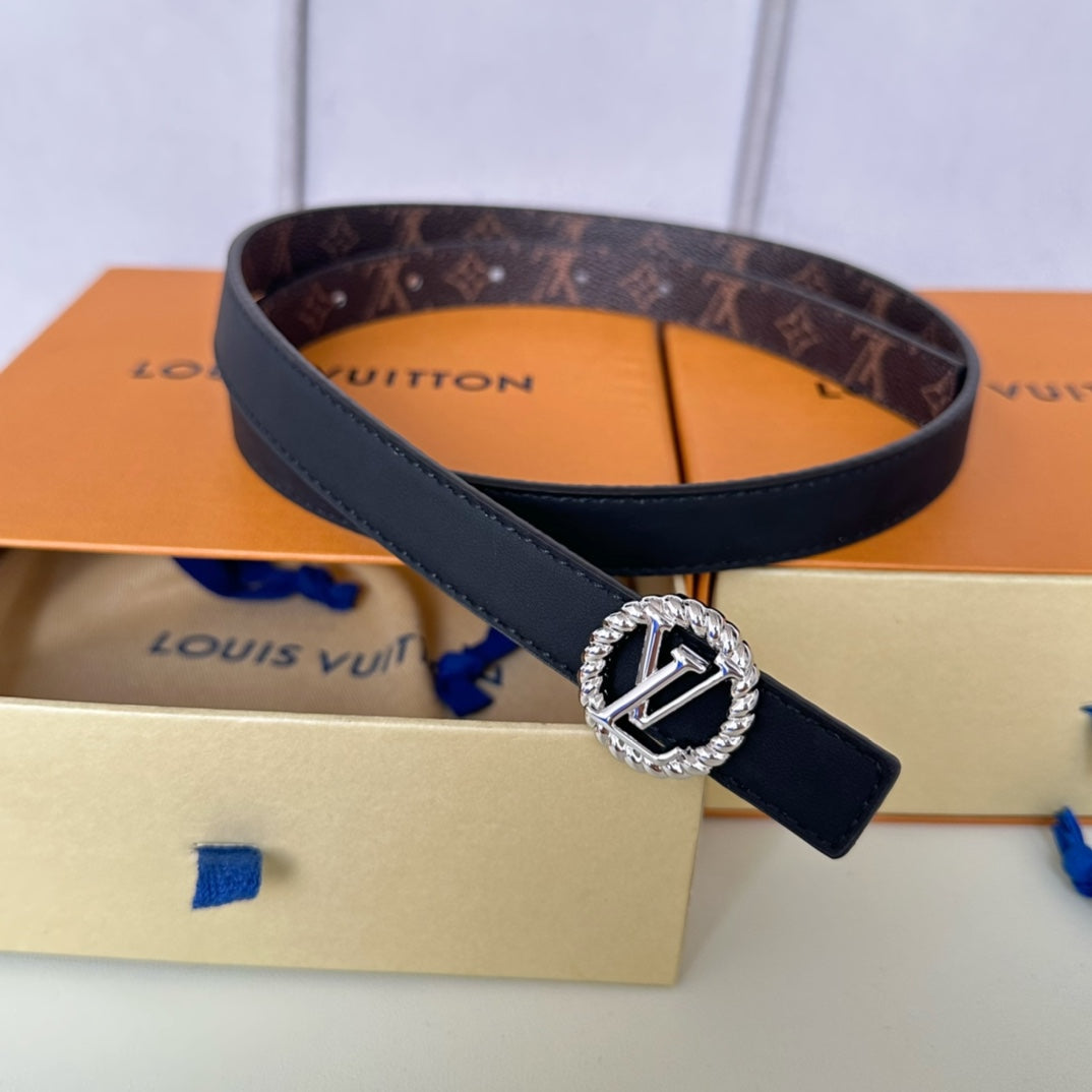 LV Circle Nautical 20mm Reversible Square End Tip Belt Silver Buckle Navy Blue Brown lambskin - 30