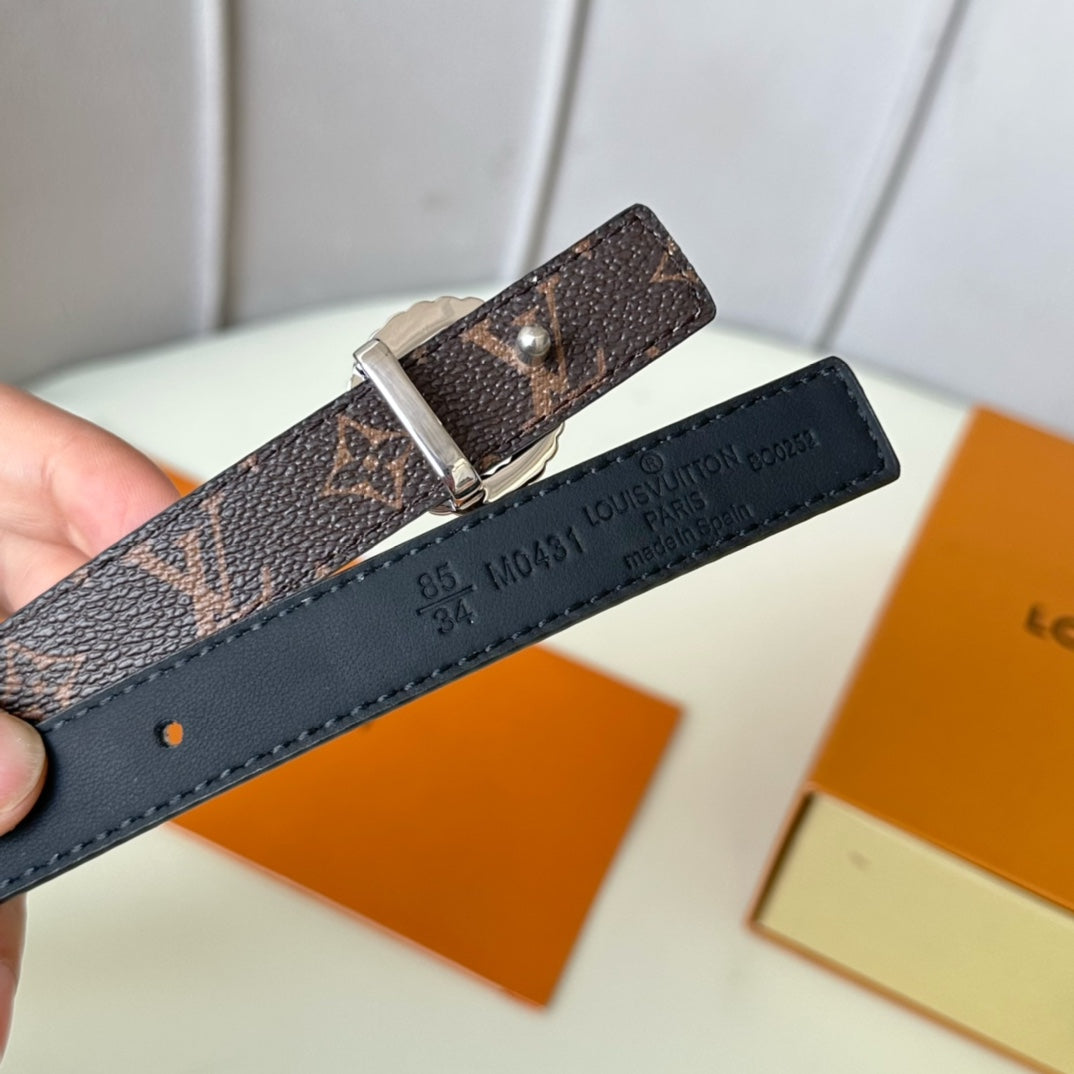 LV Circle Nautical 20mm Reversible Square End Tip Belt Silver Buckle Navy Blue Brown lambskin - 30