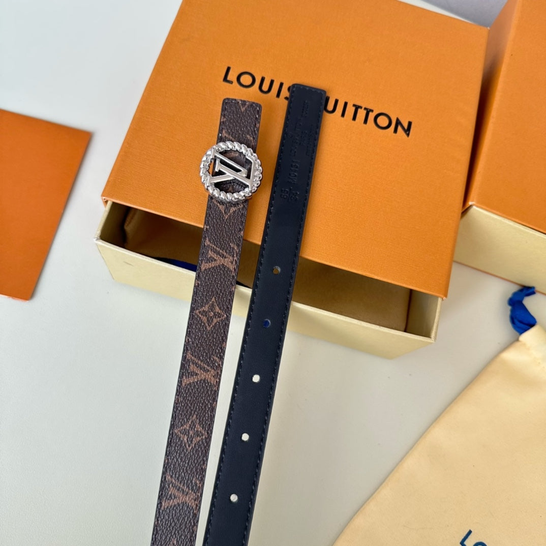 LV Circle Nautical 20mm Reversible Square End Tip Belt Silver Buckle Navy Blue Brown lambskin - 30