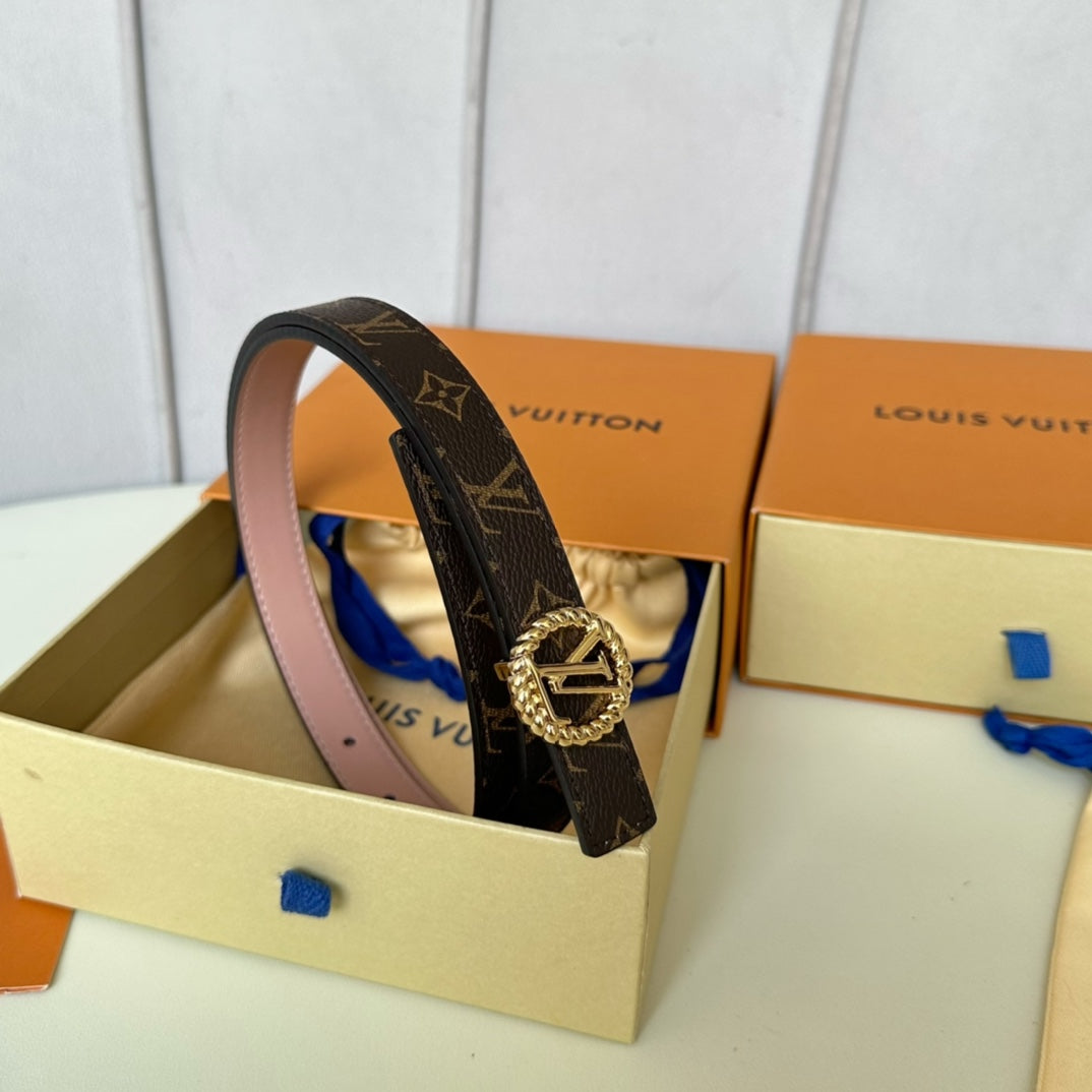 LV Circle Nautical 20mm Reversible Belt Gold Buckle Pink Brown Lambskin - 30