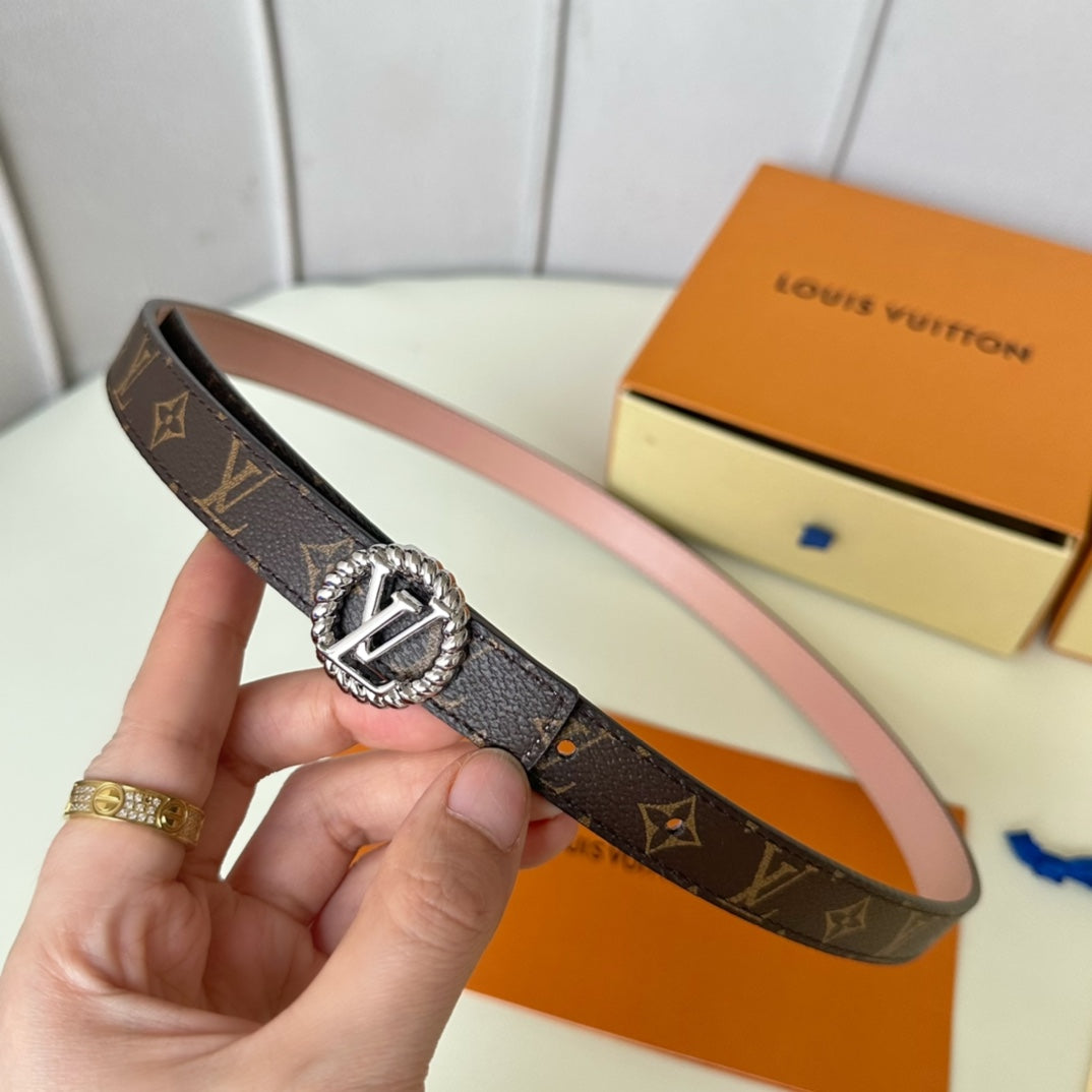 LV Circle Nautical 20mm Reversible Belt Silver Buckle Pink Brown Lambskin - 30