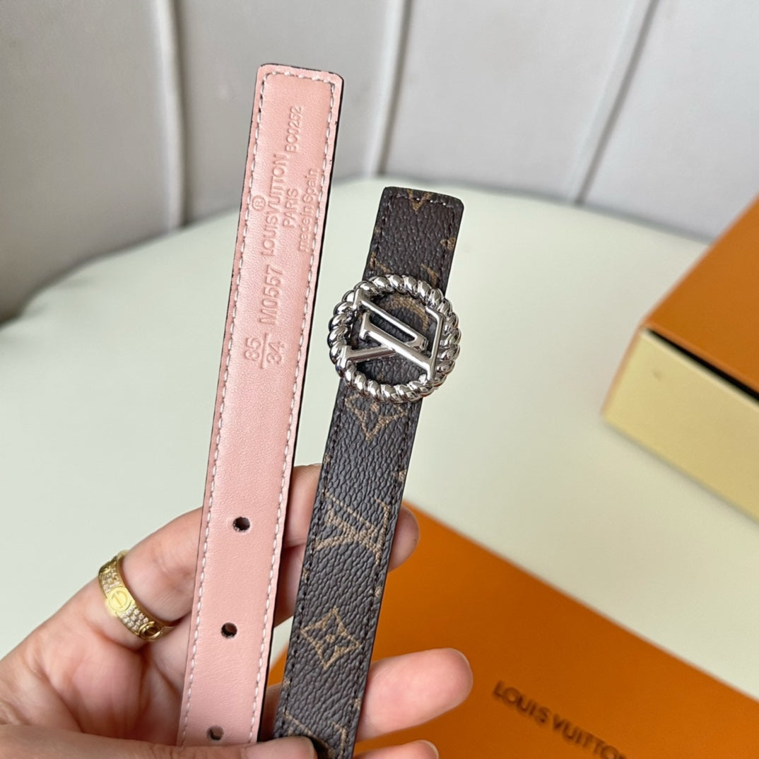 LV Circle Nautical 20mm Reversible Belt Silver Buckle Pink Brown Lambskin - 30
