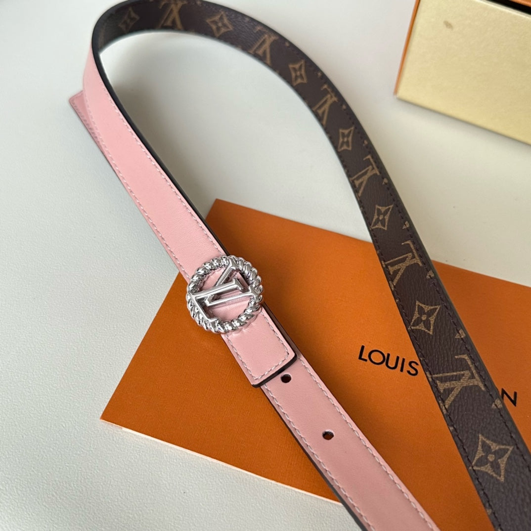 LV Circle Nautical 20mm Reversible Belt Silver Buckle Pink Brown Lambskin - 30