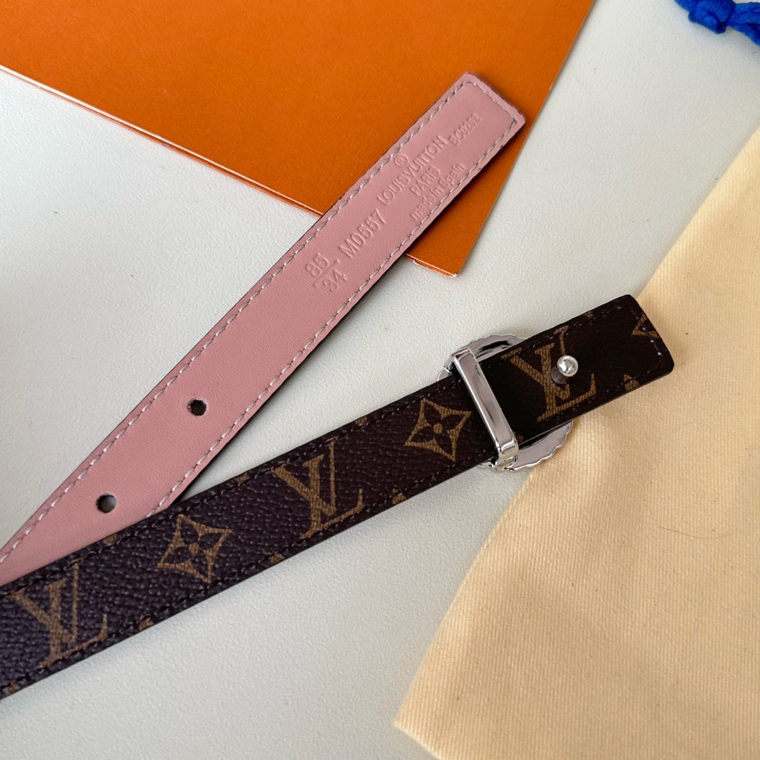 LV Circle Nautical 20mm Reversible Belt Silver Buckle Pink Brown Lambskin - 30