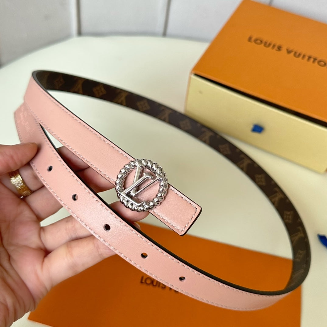 LV Circle Nautical 20mm Reversible Belt Silver Buckle Pink Brown Lambskin - 30