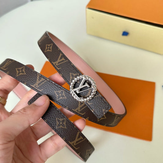 LV Circle Nautical 20mm Reversible Belt Silver Buckle Pink Brown Lambskin - 30